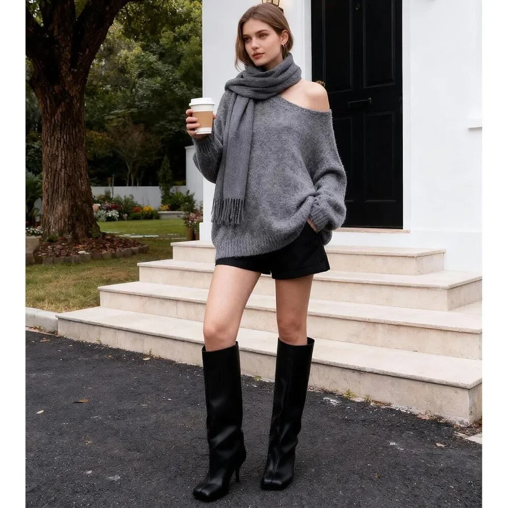 Women's Black Pu Wide Calf Square Toe Stiletto Heels Knee High Suede Boots